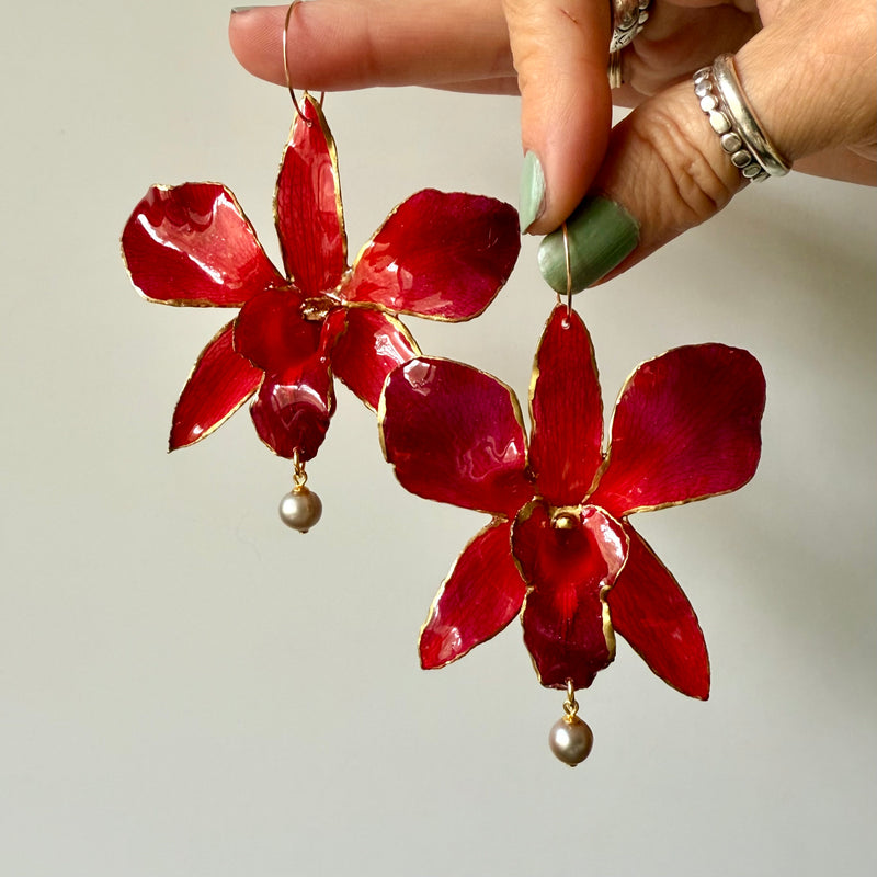 24kt Gold Leaf Edged Red Orchids with Green Freshwater Pearls