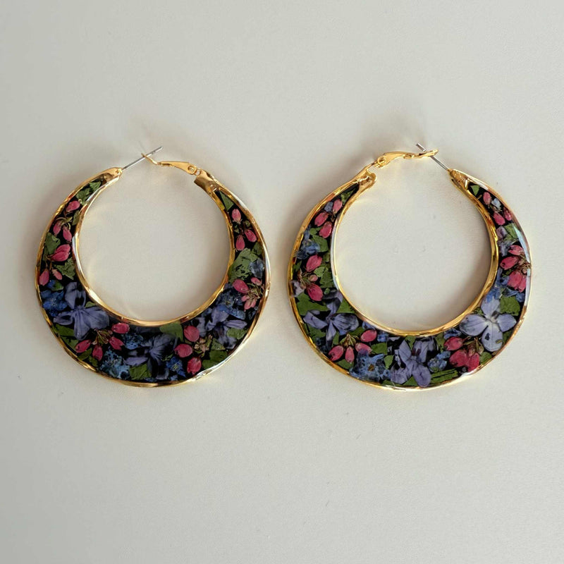 Dark Floral Crescent Hoops in Gold