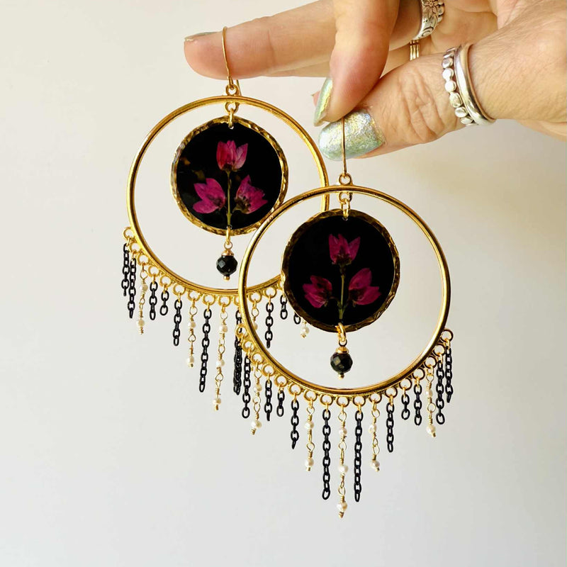Begonia & Black Tourmaline Chandelier Hoop Earrings