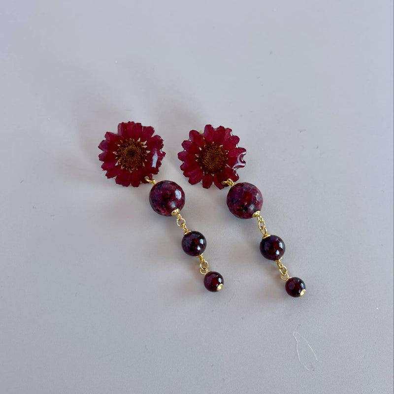 Frameless Maroon Daisy Studs with Aggie Jade and Garnet