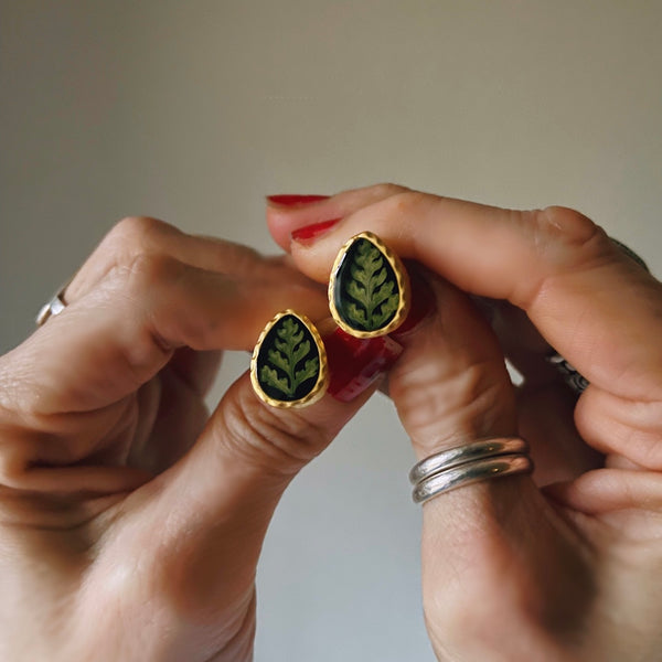 Fern Teardop Studs ~ Gold Vermeil