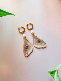 Real Saturnia Pavonia Moth Wing Earrings with Freshwater Pearls