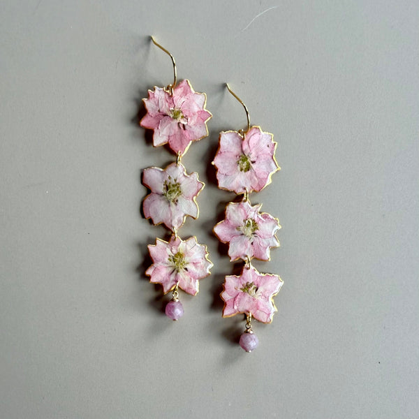24kt Gold Leaf Edged Pink Larkspur with Strawberry Quartz
