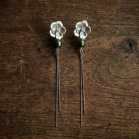 Sterling Silver Flower Studs with Green Pearls & Silver Tassels