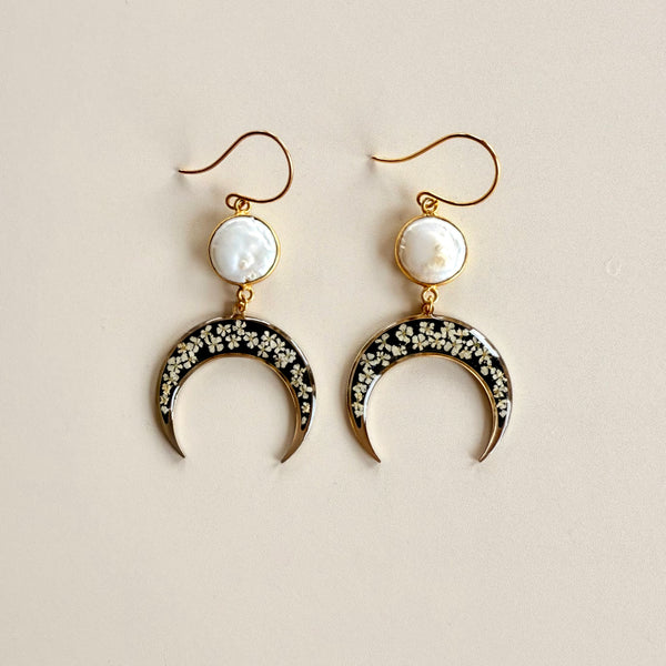 Queen Anne's Lace Crescent Moon Earrings & Freshwater Pearls