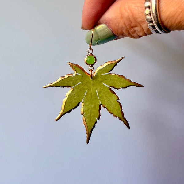 24kt Gold Edged Green Japanese Maple Leaves with Emerald Quartz Crystals