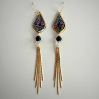 Dark Floral Teardrop with Black Tourmaline and Gold Fringe