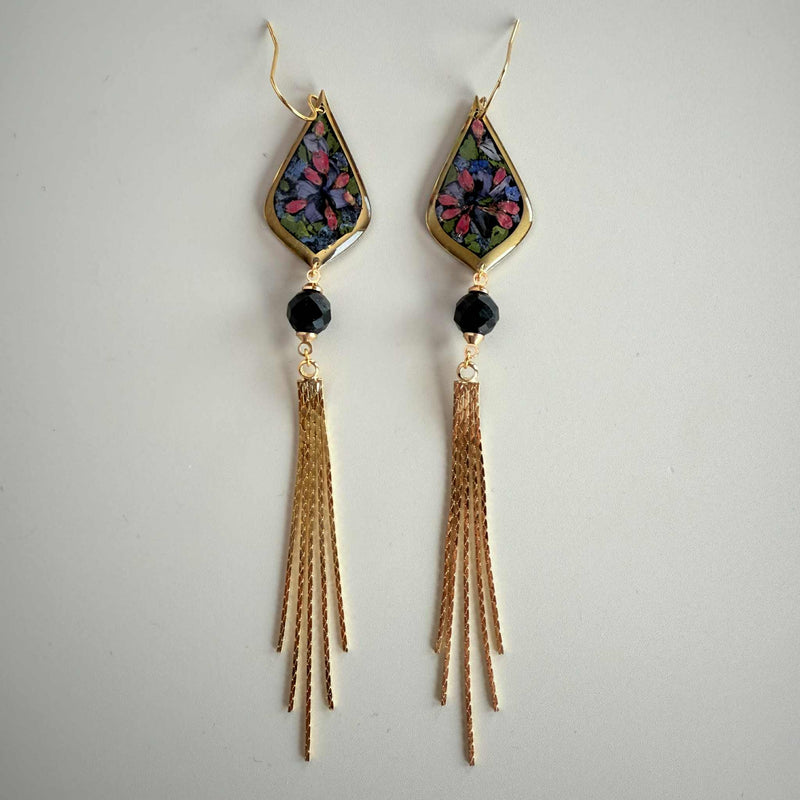 Dark Floral Teardrop with Black Tourmaline and Gold Fringe