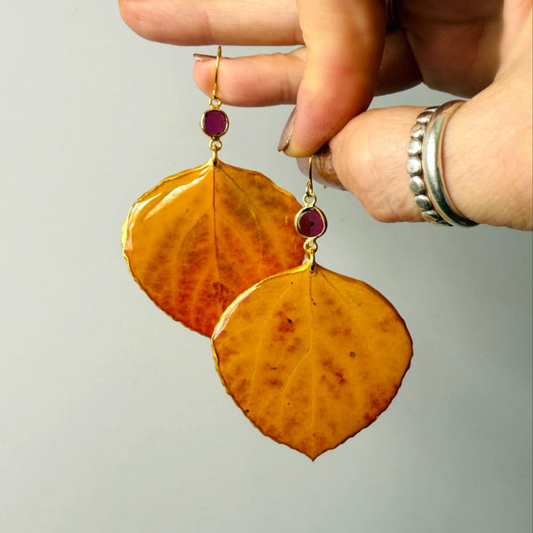Pressed Gold Leaf Aspen Leaves with Garnet