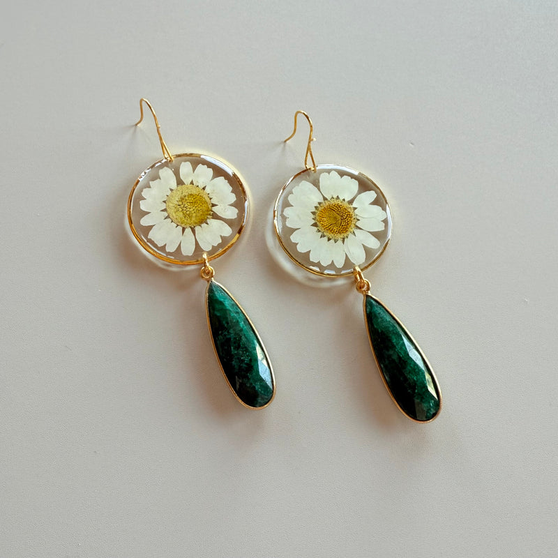 White Daisy and Emerald Quartz Teardrop in Gold Vermeil