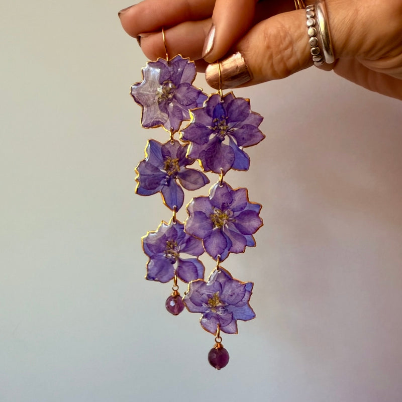 24kt Gold Leaf Edged Purple Larkspur with Amethyst