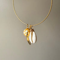 Gold Hoops with Mosaic Shell, Cowrie Shell & Leaf Charm Earrings