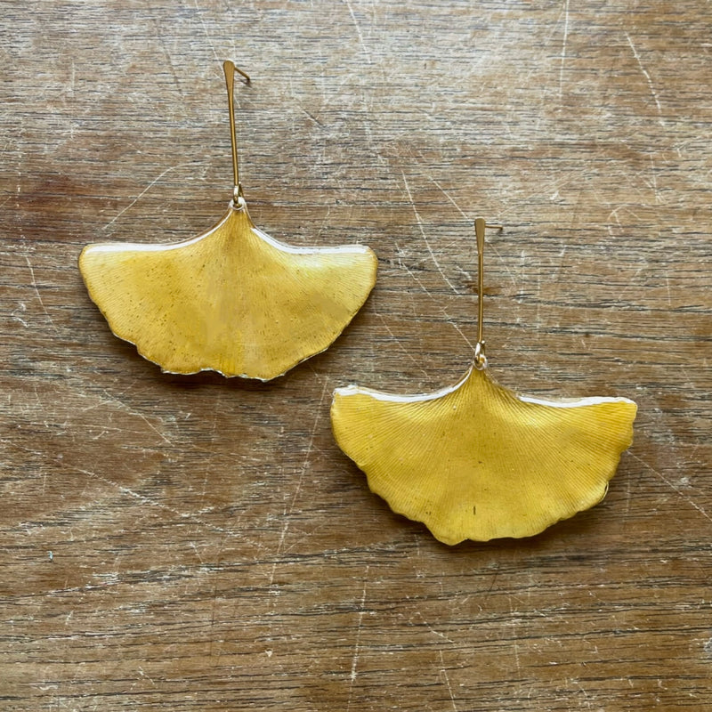 Pressed Ginkgo Leaf with Gold Stem Stud