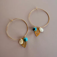 Gold Hoops with Turquoise, Capiz Shell & Leaf Charm Earrings