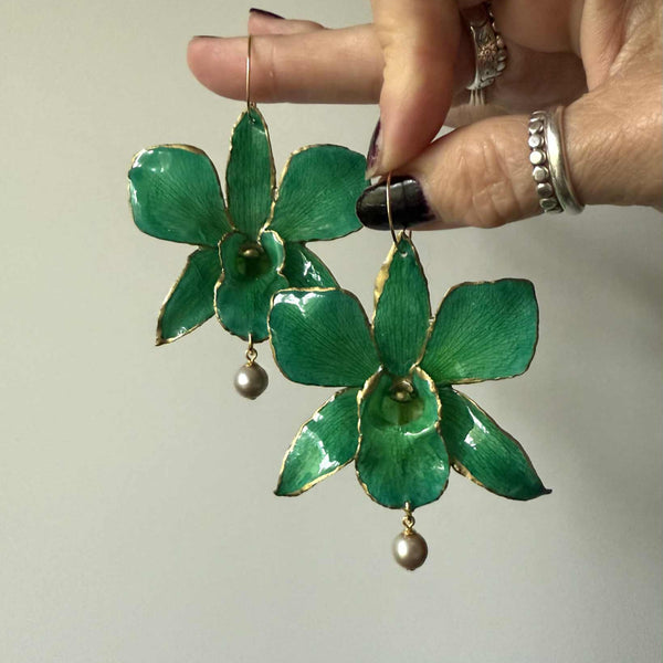 24kt Gold Edged Forest Green Orchids with Freshwater Pearls