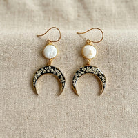 Queen Anne's Lace Crescent Moon Earrings & Freshwater Pearls
