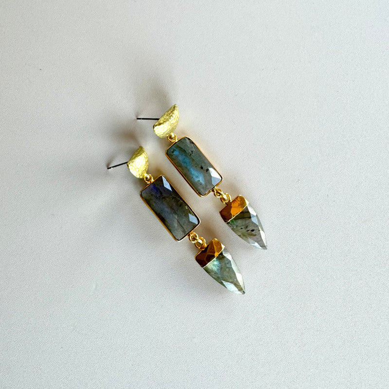 Labradorite Rectangle & Spike with Hammered Half-Moon Stud