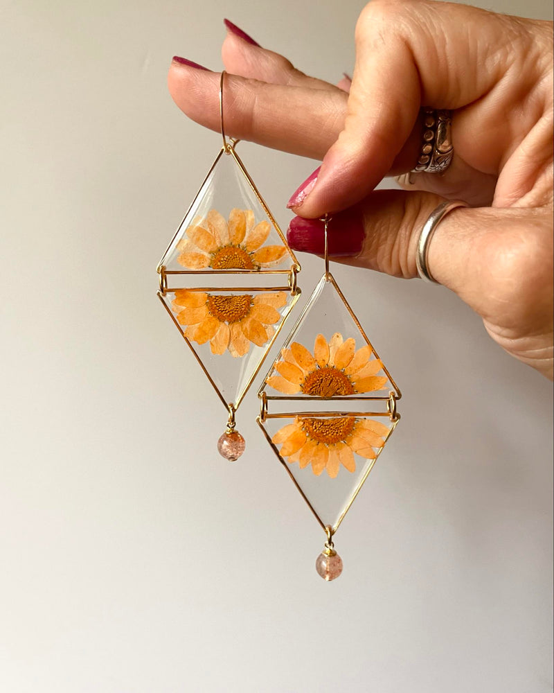 Orange Daisy Reflection Gold Triangles with Sunstone