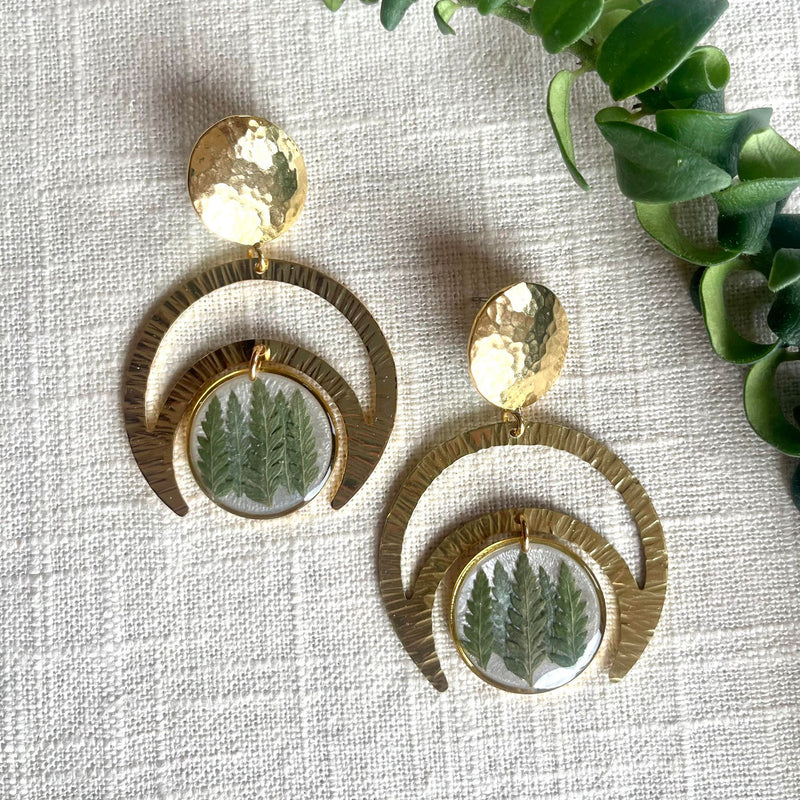 Evergreen Winter with Hammered Gold Crescent and Stud