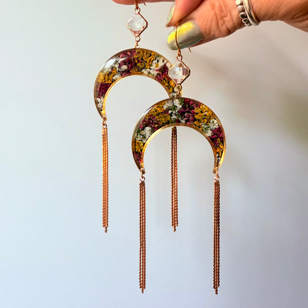 Midnight in the Garden Crescent with Gold Tassels and Crystal Quartz