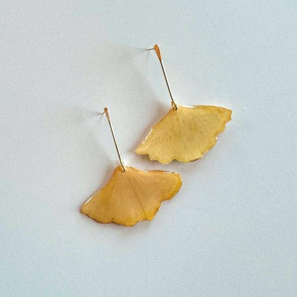 Pressed Ginkgo Leaf with Gold Stem Stud