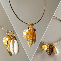 Gold Hoops with Mosaic Shell, Cowrie Shell & Leaf Charm Earrings