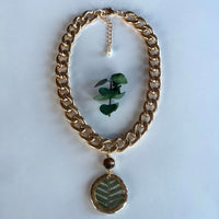 Fern Gold Curb Chain Necklace with Tiger Eye and Freshwater Pearl