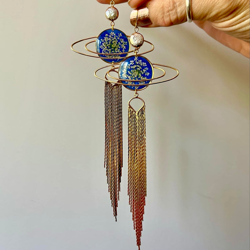 Blue Saturn with Gold Fringe & Freshwater Pearl