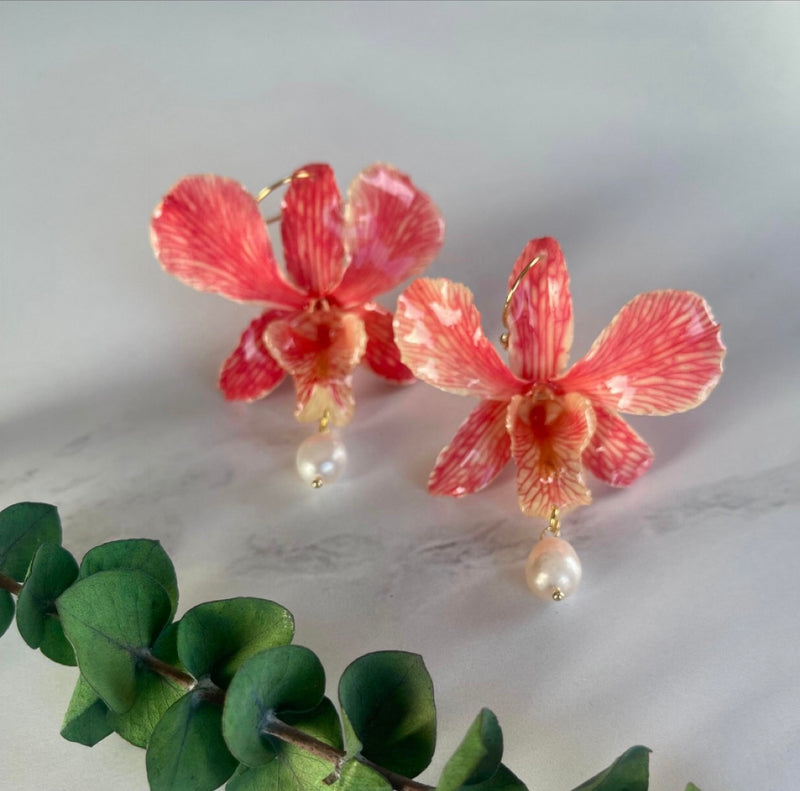 Small Coral Orchid with Freshwater Pearl and Hoops