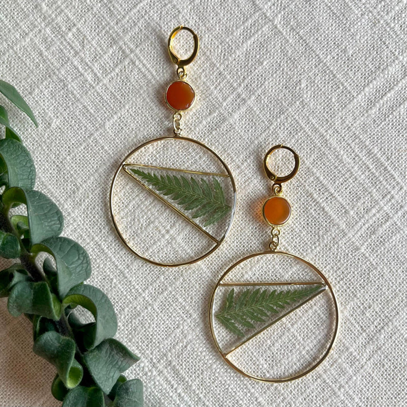 Gold Triangle Fern Hoops with Carnelian and Clasps