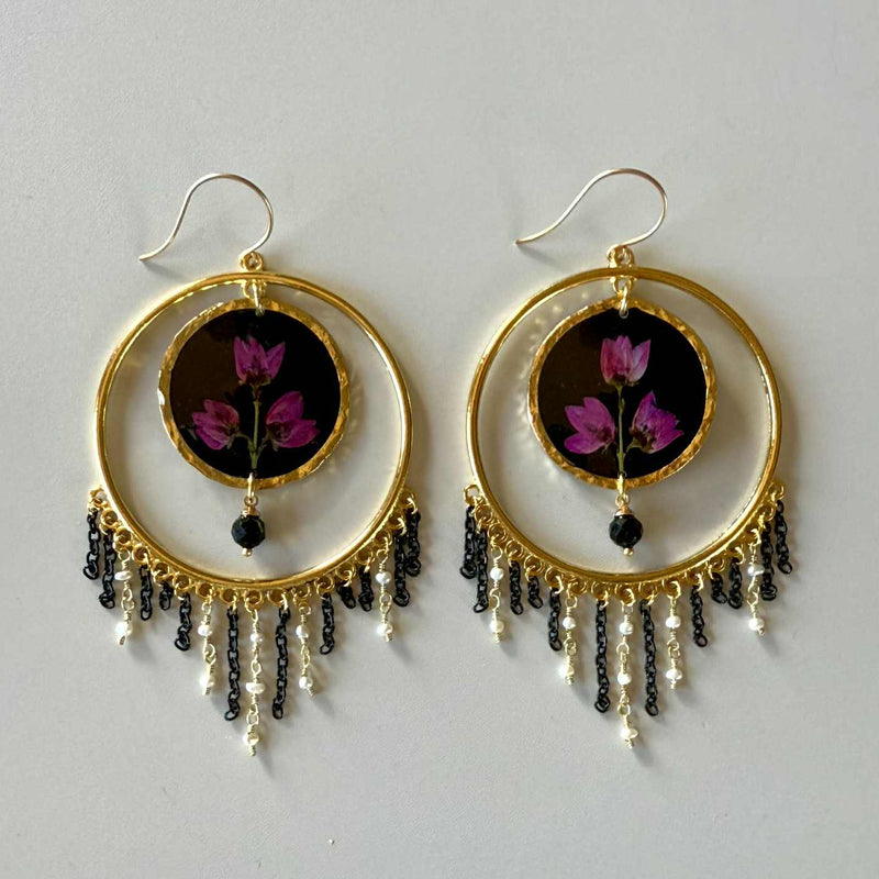 Begonia & Black Tourmaline Chandelier Hoop Earrings