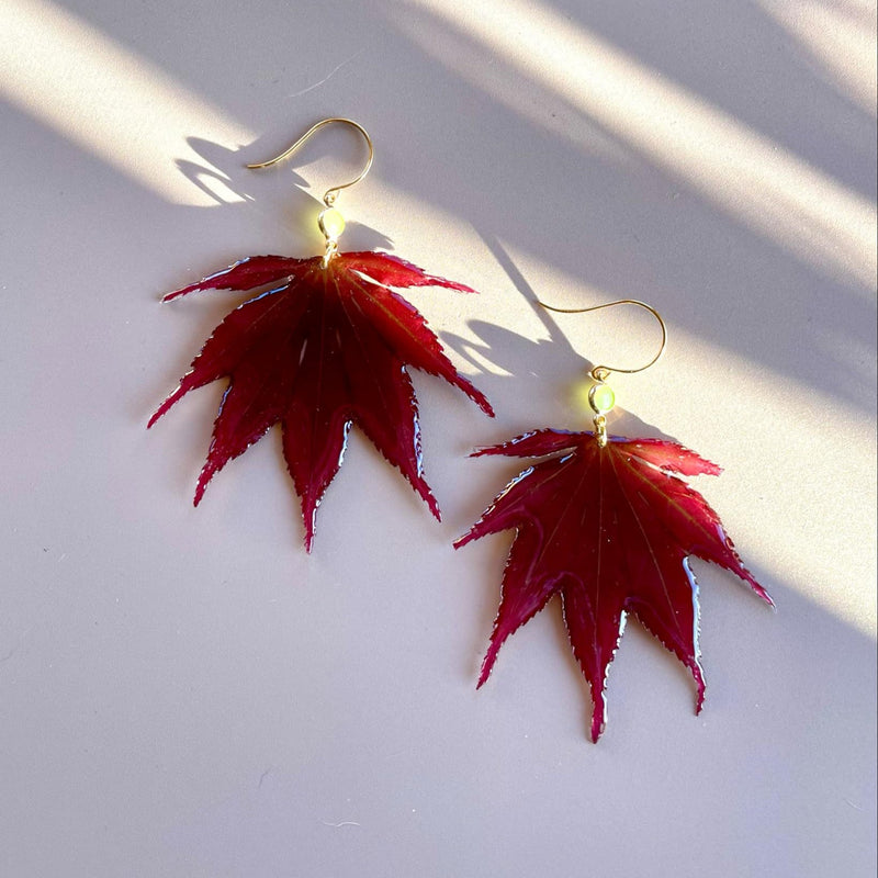 Real Burgundy Japanese Maple Leaves with Emerald Quartz Crystals