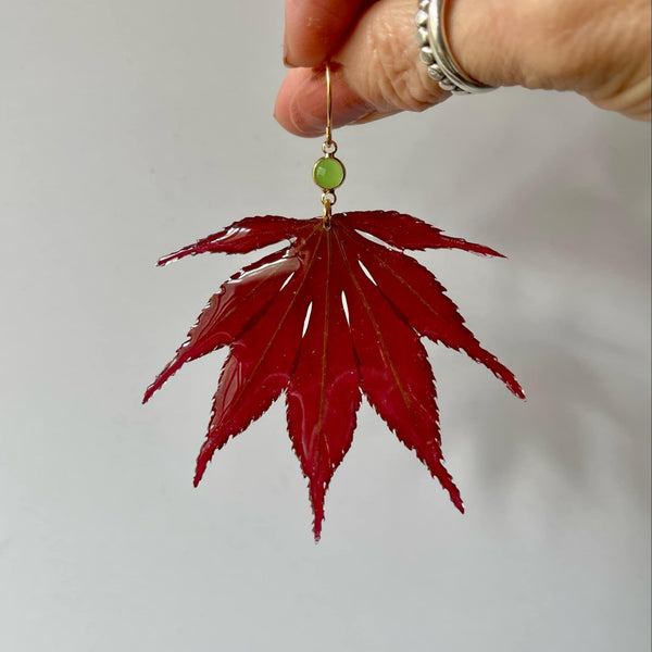 Real Burgundy Japanese Maple Leaves with Emerald Quartz Crystals