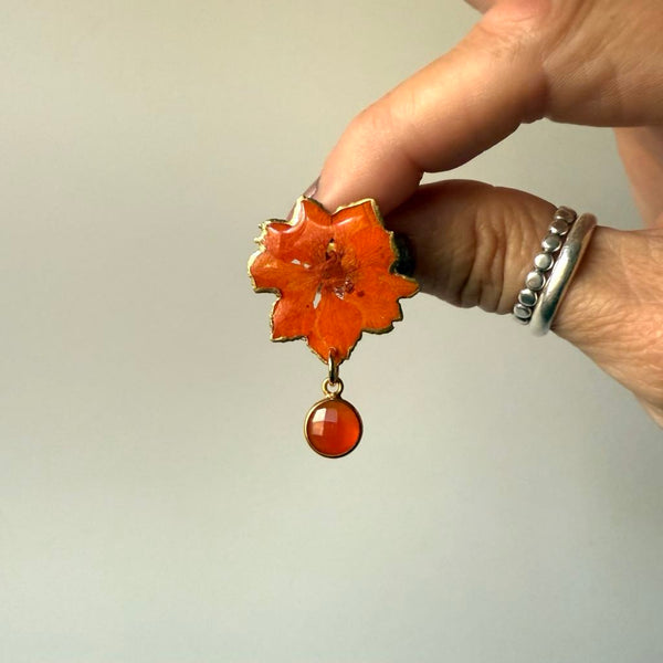 Gold Leaf Edged Orange Larkspur Studs with Carnelian