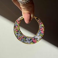 Dark Floral Crescent Hoops in Gold