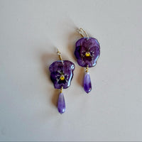 Frameless Purple Pansy with Elongated Amethyst Teardrop and Hoops