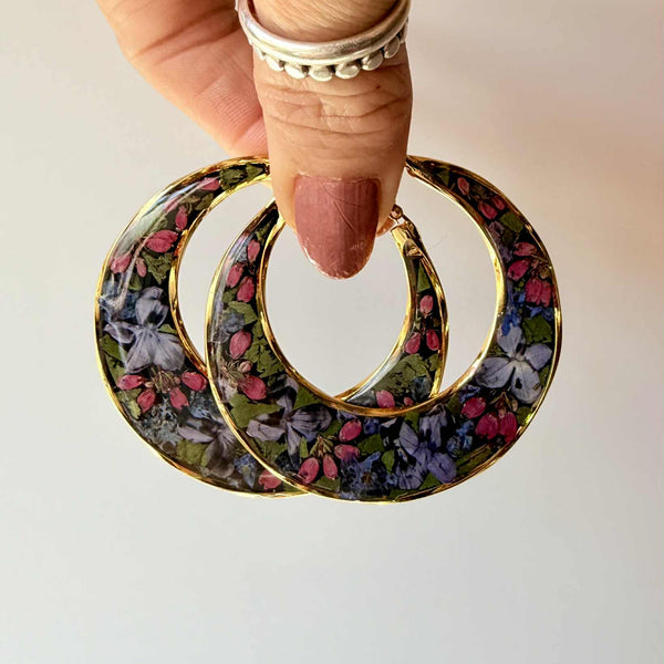 Dark Floral Crescent Hoops in Gold