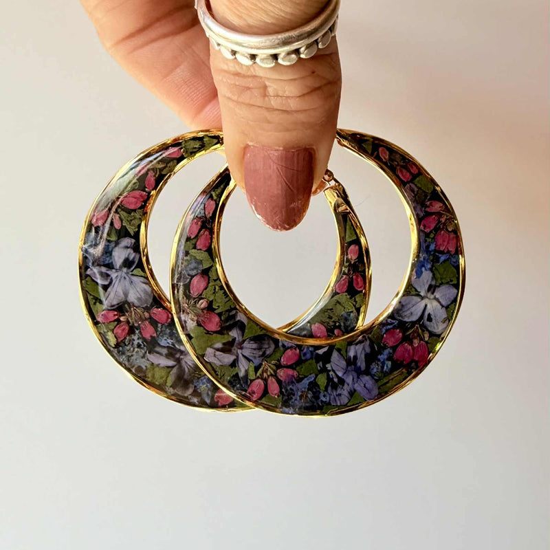 Dark Floral Crescent Hoops in Gold