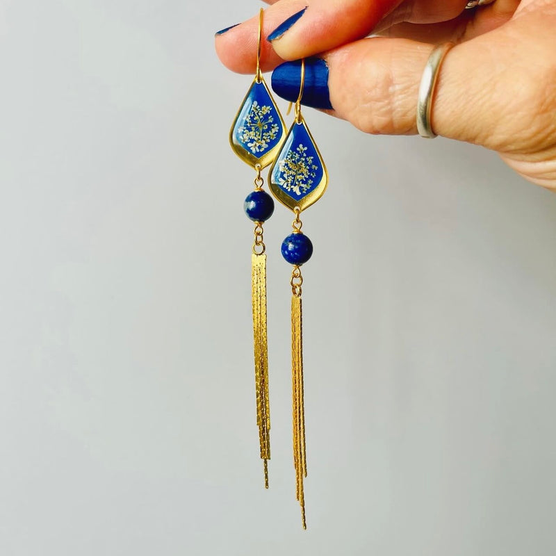 Queen Anne's Lace Blue Teardrop with Lapis Lazuli and Gold Fringe