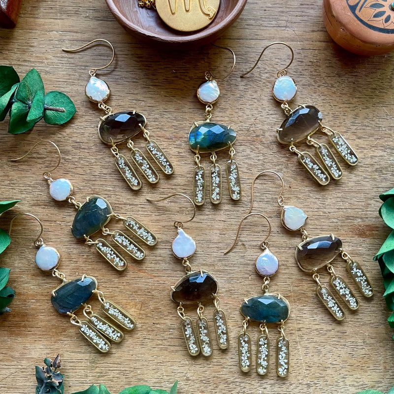 Queen Anne's Lace Capsules with Freshwater Pearl and Smokey Quartz or Labradorite