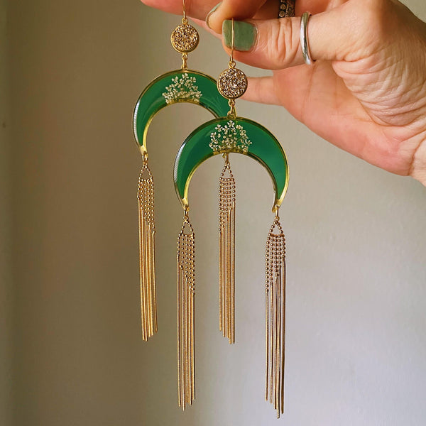 Queen Anne's Lace Jade Crescent with Gold Tassels and Golden Crystal Druzy