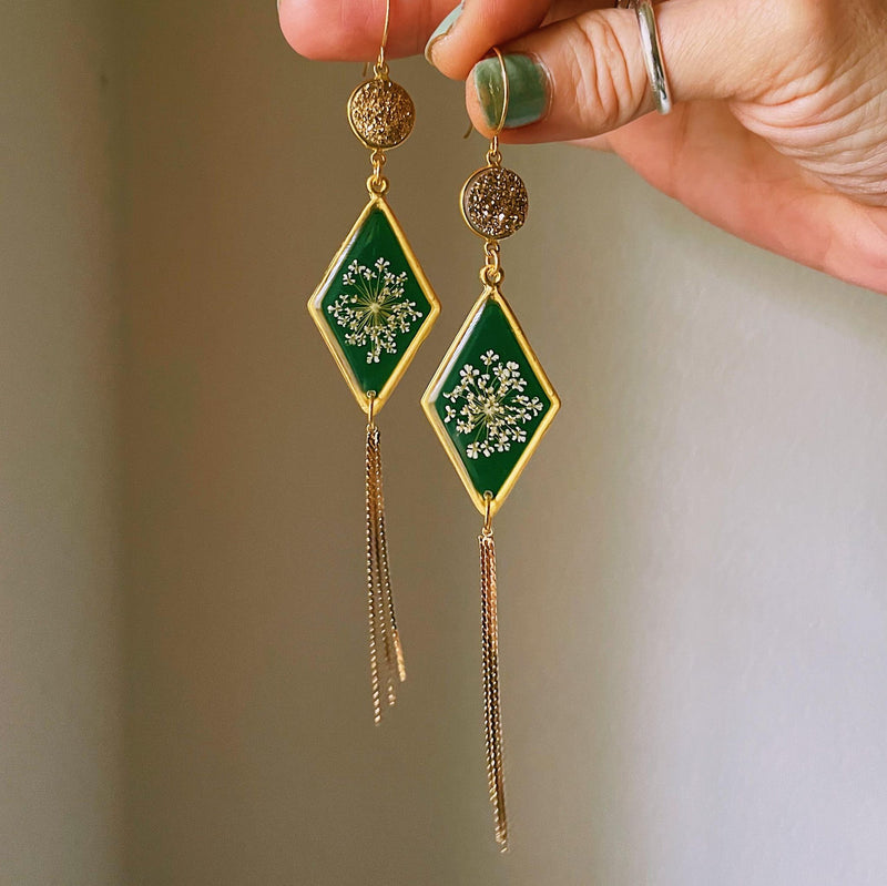 Queen Anne's Lace Jade Diamond with Gold Tassels and Golden Crystal Druzy