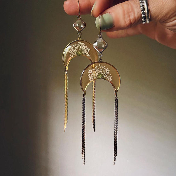 Queen Anne's Lace Sandy Crescent with Gold Tassels and Crystal Quartz