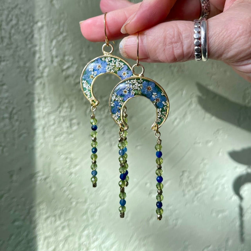 Queen Anne's Lace & Forget-Me-Not Meadow Crescents with Peridot & Kyanite gemstones - Small