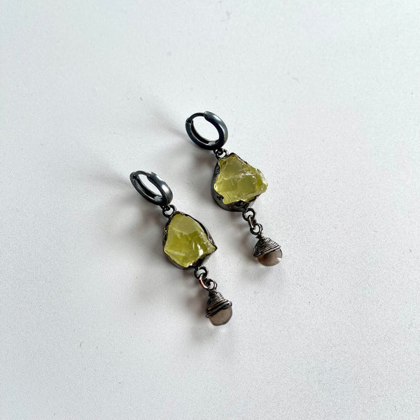 Raw Citrine Quartz Oxidized Sterling Silver with Smokey Quartz Drops