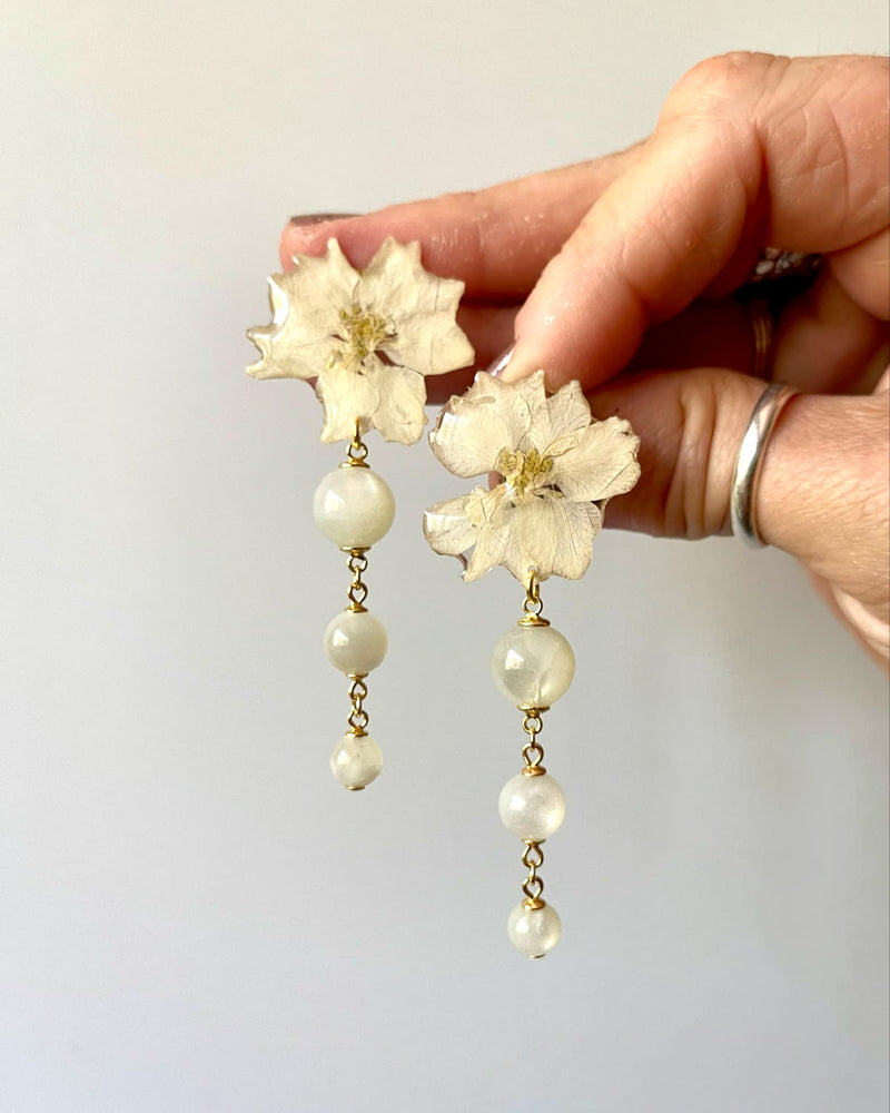 Frameless White Larkspur Studs with Moonstone