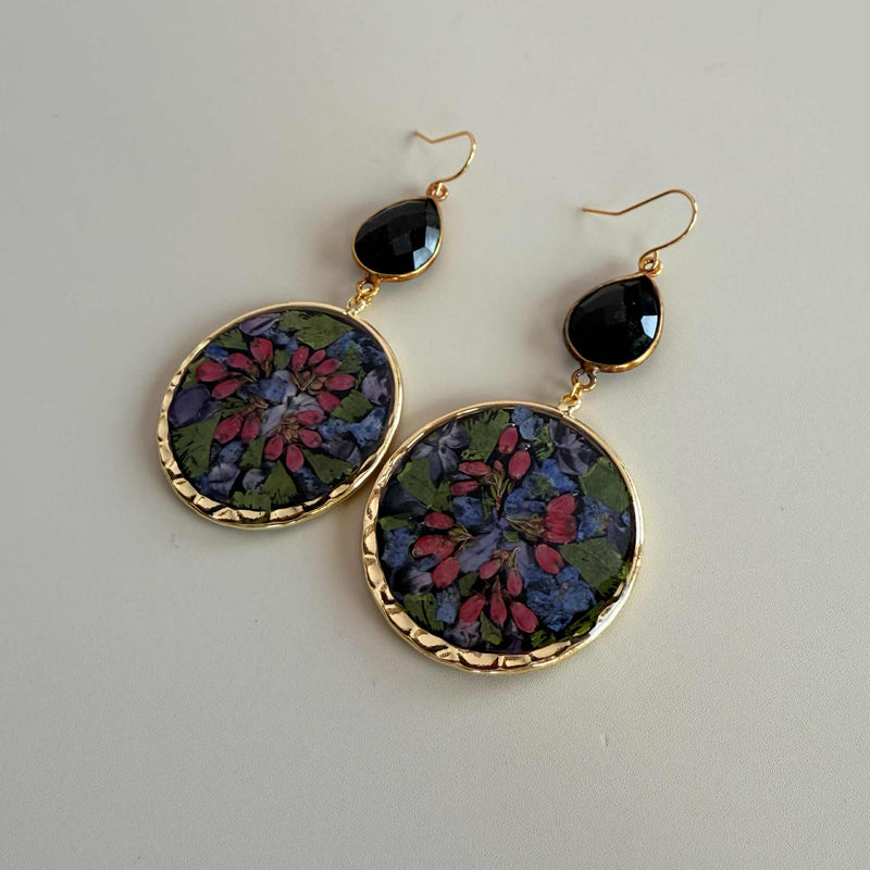 Dark Floral Hoops with Black Onyx