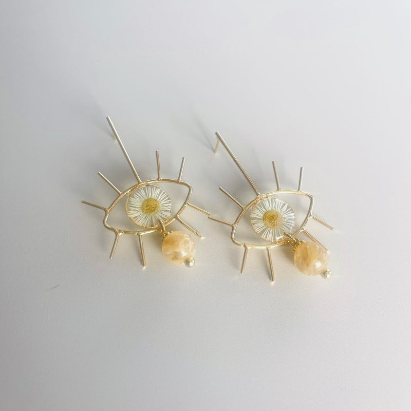 White Daisy Eye Studs with Champagne Quartz