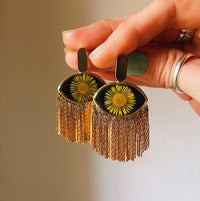 Yellow Daisy Evil Eye Studs with Gold Fringe