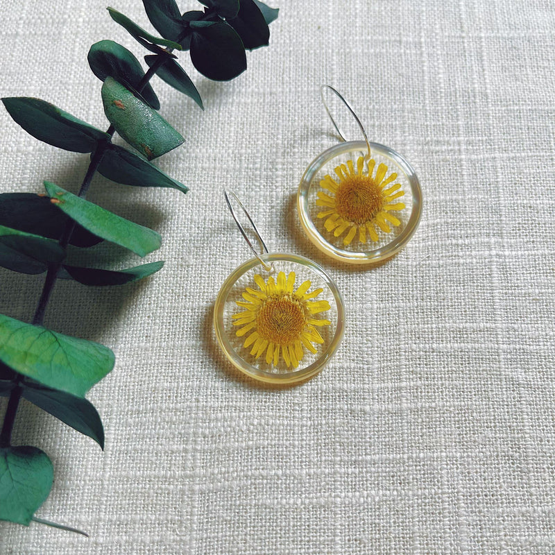 Yellow Daisy Mother-of-Pearl Halo with Sterling Silver Hoops